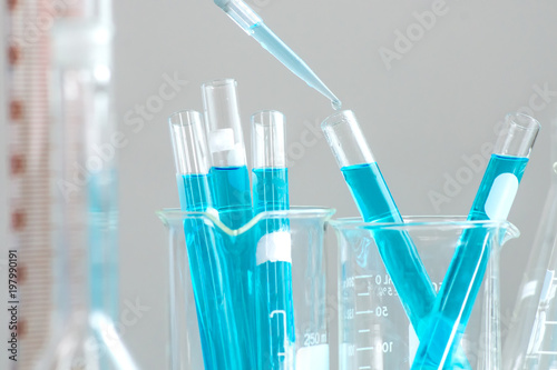 Test tubes closeup, science laboratory research and development concept