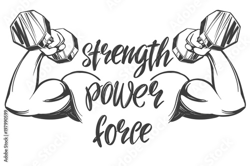 arm, bicep, strong hand holding a dumbbell, icon cartoon calligraphic text symbol hand drawn vector illustration sketch