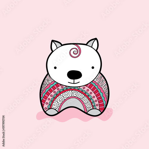 Cute wombat with a multi-colored jumper vector illustration on a pale pink background.