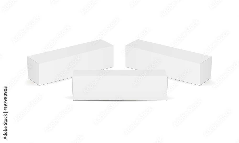 Set of long cardboard boxes isolated on white background. Packaging mockup for design or branding. Vector illustration Set of long cardboard boxes isolated on white background. Packaging mockup for design or branding. Vector illustration