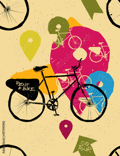 Seamless bicycle pattern with location marks in the background