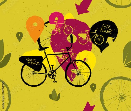 Seamless bicycle tour pattern on green background, ecology concept