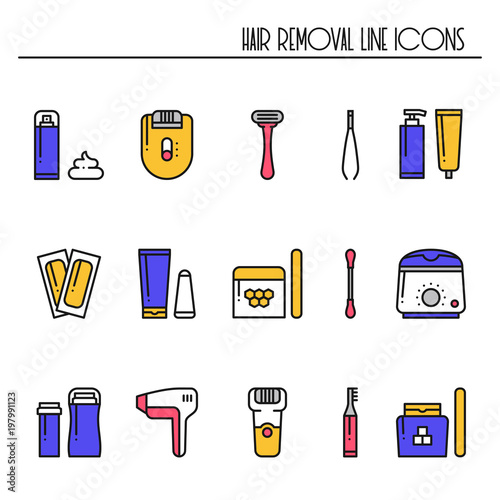 Hair removal methods line icons set. Shaving sugaring laser waxing epilation depilation tweezing.