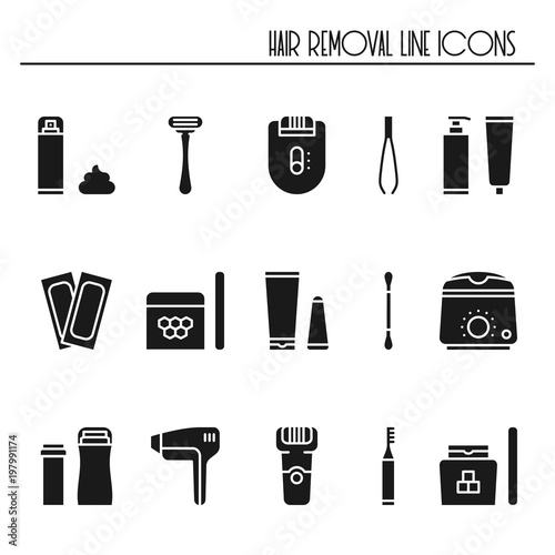 Hair removal methods silhouette icons set. Shaving sugaring laser waxing epilation depilation tweezing.