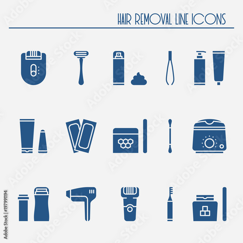 Hair removal methods silhouette icons set. Shaving sugaring laser waxing epilation depilation tweezing.