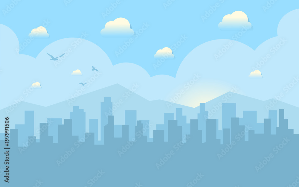 Morning city skyline. Buildings silhouette cityscape with mountains. Big city streets. Blue sky with sun and clouds.