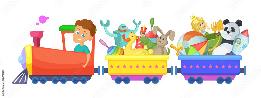 Obraz premium Childrens toys in train. Vector cartoon illustrations isolate on white
