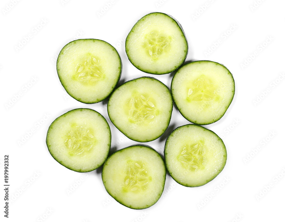 Cucumber slices isolated on white background, top view Cucumber slices isolated on white background, top view