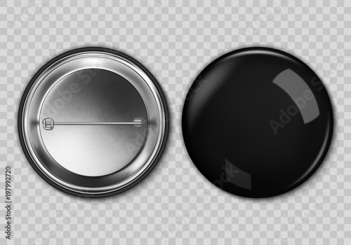 Blank black button badge, vector realistic illustration isolated on transparent background