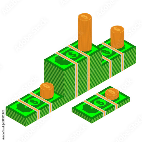 Vector packages of dollar banknotes in various angles. Pile of cash Isometric illustration with stack of golden coins photo