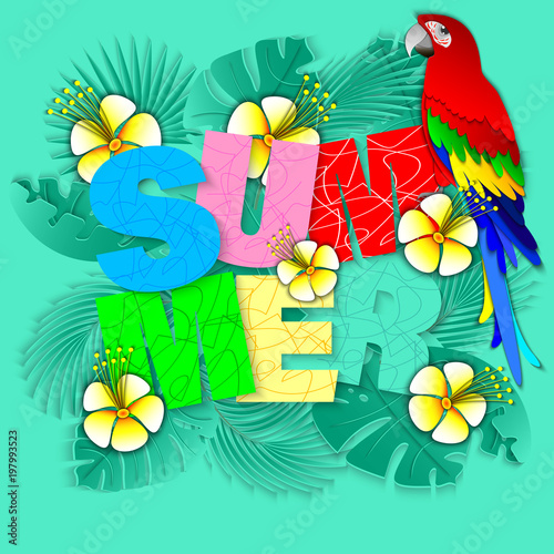 Summer banner with parrot and tropical leaves and flowers background. Exotic 3d design for sale banner, flyer, invitation, poster, web site or greeting card. Paper cut out style, vector illustration.