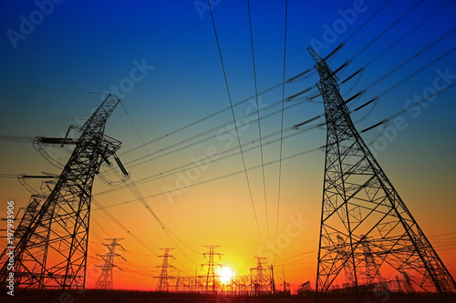 Pylon, high-voltage tower sky background.