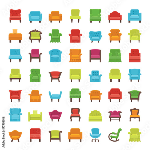 Armchairs, lounges & recliners. Flat icons. Vector illustration.