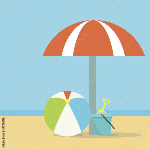Beach umbrella, ball and a bucket with a shovel on sea background