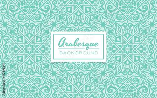 Beautiful decorative background in arabesque style. Monochromatic turquoise background with arabesque pattern design. Vector illustration.