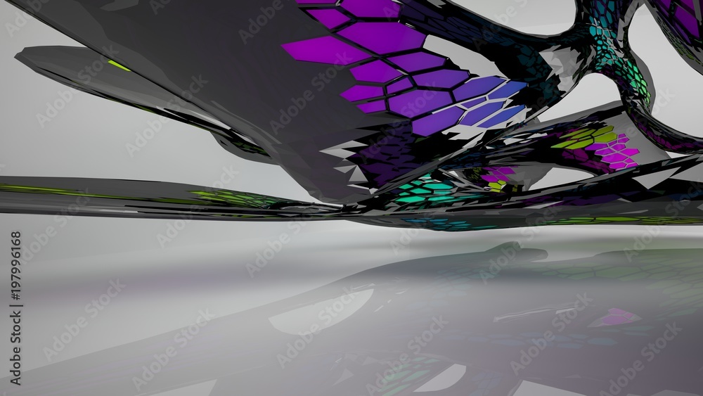 Abstract black and colored gradient parametric interiorwith window. 3D illustration and rendering.