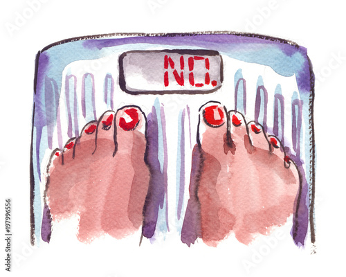 Woman's feet with bright red pedicure standing on scale weighing herself. Painted in watercolor on clean white background