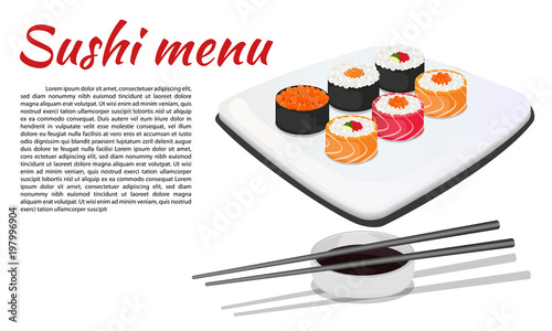 Vintage Sushi poster design with vector sushi character. Chinese word means sushi.