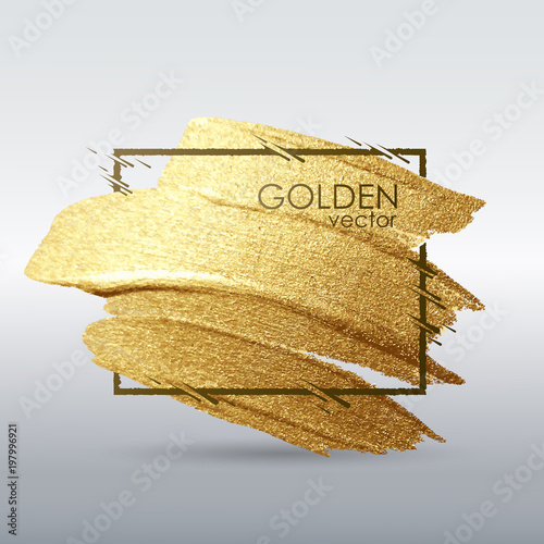 A brush stroke in the frame. Gold shiny grunge texture.  White background. Vector abstract image. A high resolution.
