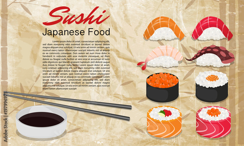 Concept design of the invitation sushi restaurant. Vector illustration texture of a bamboo