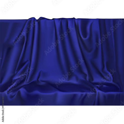 Vector luxury realistic blue silk satin drape textile background. Elegant fabric shiny smooth material with waves.