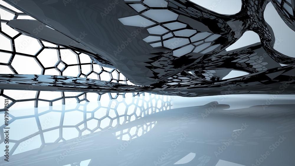 Abstract white and black parametric interior with window. 3D illustration and rendering. Abstract white and black parametric interior with window. 3D illustration and rendering.