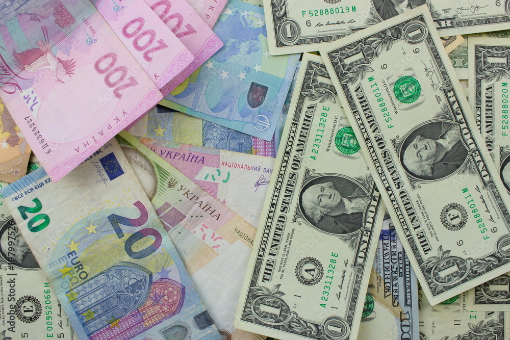 American dollar and Euro banknotes. Background with money American dollar and Euro banknotes. Background with money