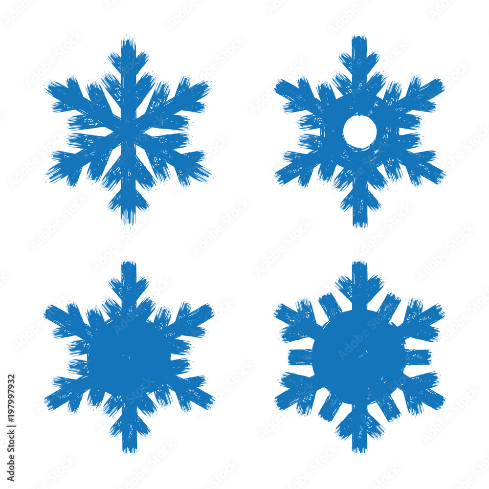 Set of blue grunge style flat brush strokes. Happy new year cold and cool snowflake symbols. Isolated on white background Set of blue grunge style flat brush strokes. Happy new year cold and cool snowflake symbols. Isolated on white background