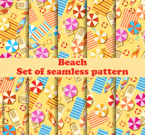 Beach seamless pattern set with Chaise lounge with umbrella, surfboard, flip-flops and bedspreads. Beach vacation. Vector illustration
