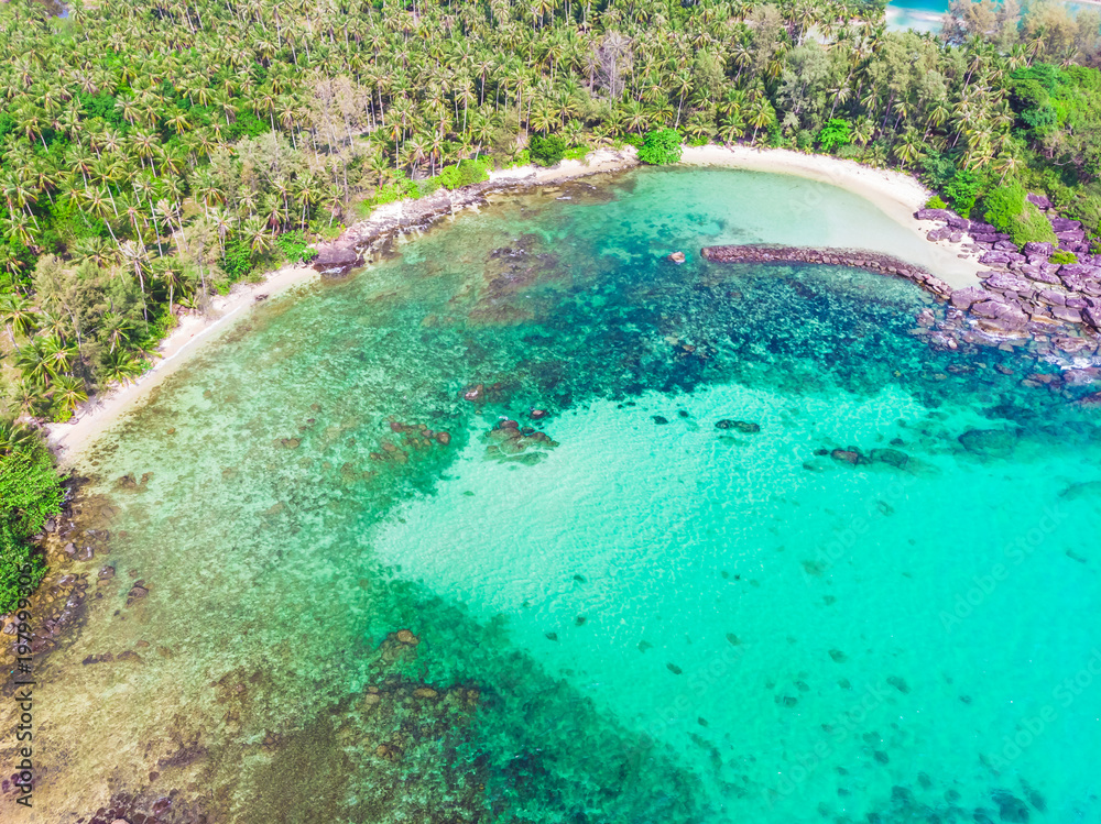 Aerial view of beautiful beach and sea with coconut palm tree
