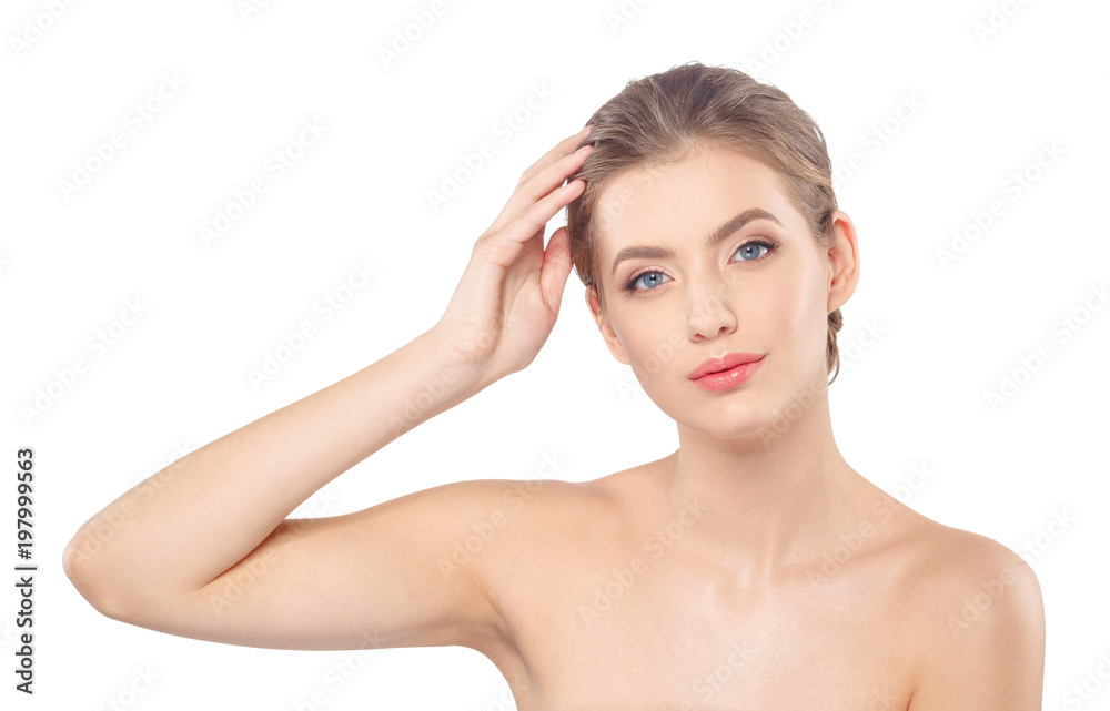 Young beautiful woman face portrait with healthy skin.