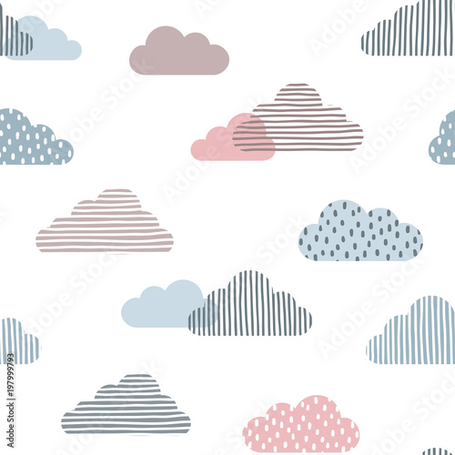 Seamless pattern with doodle clouds in trendy pastel colors