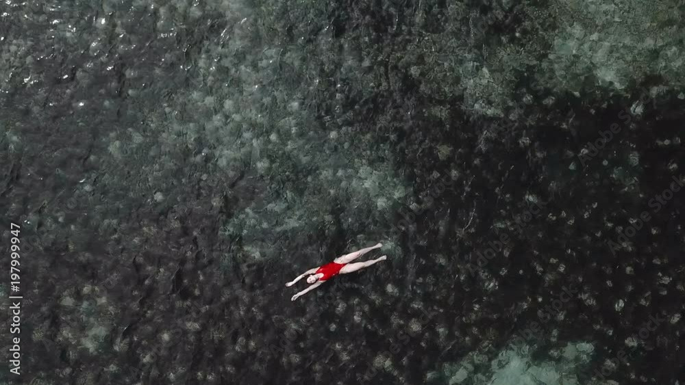 aerial view of young woman in red swimsuit swimming in ocean aerial view of young woman in red swimsuit swimming in ocean