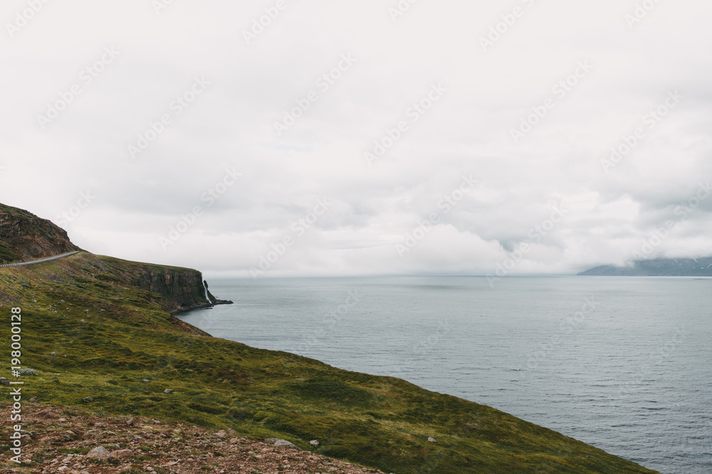 Obraz premium beautiful icelandic seacoast with green vegetation and road