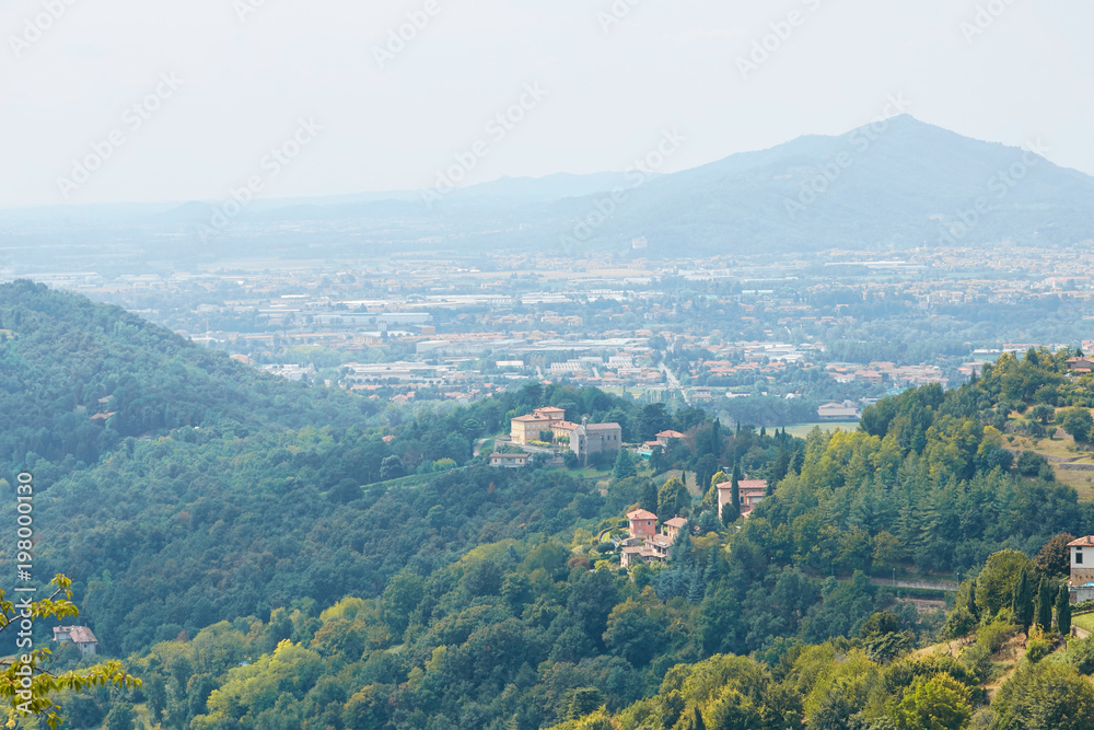 Bergamo, Italy - August 18, 2017: Panoramic view of the city of Bergamo from the castle walls