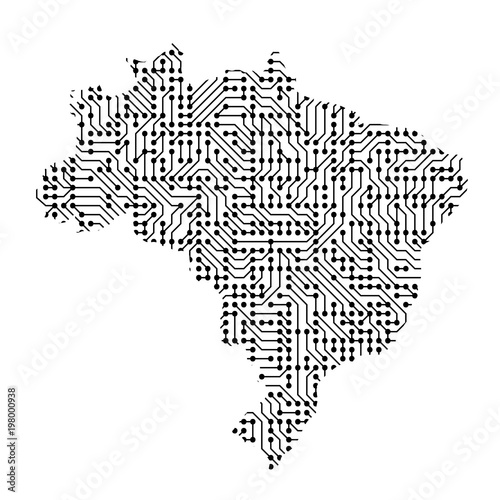 Abstract schematic map of Brazil from the black printed board, chip and radio component of vector illustration