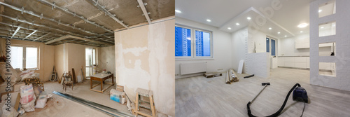 Comparison of a room in an apartment before and after renovation new house photo