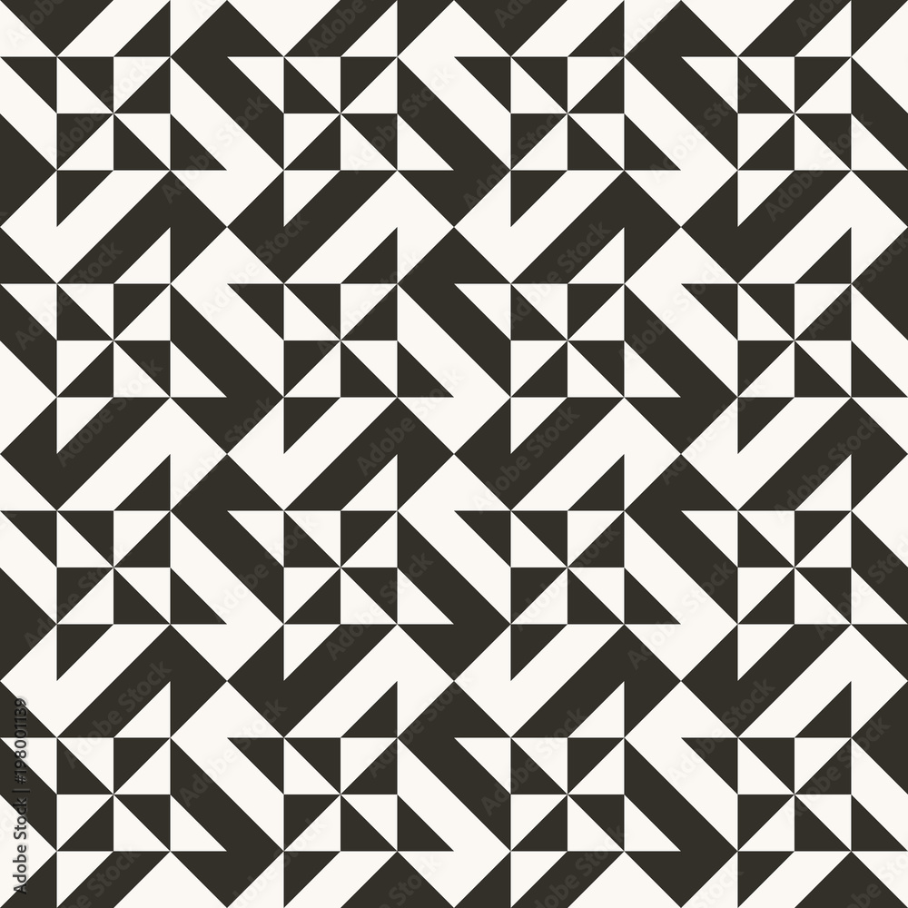 Black and white abstract geometric quilt pattern. High contrast geometric background with triangles. Simple colors - easy to recolor. Minimal background. Vector illustration. Black and white abstract geometric quilt pattern. High contrast geometric background with triangles. Simple colors - easy to recolor. Minimal background. Vector illustration.