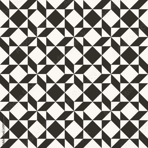 Black and white abstract geometric quilt pattern. High contrast geometric background with triangles. Simple colors - easy to recolor. Minimal background. Vector illustration.