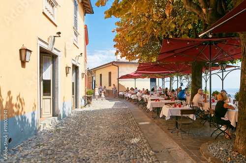 Bergamo, Italy - August 18, 2017: Cozy street cafe in the upper city.