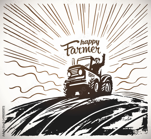 Farmer on the tractor grove to the top of the hill against the backdoor of the sunrise, vector illustration in retro style