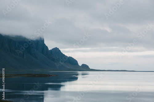 beautiful scenic rocky mountains and seashore in iceland