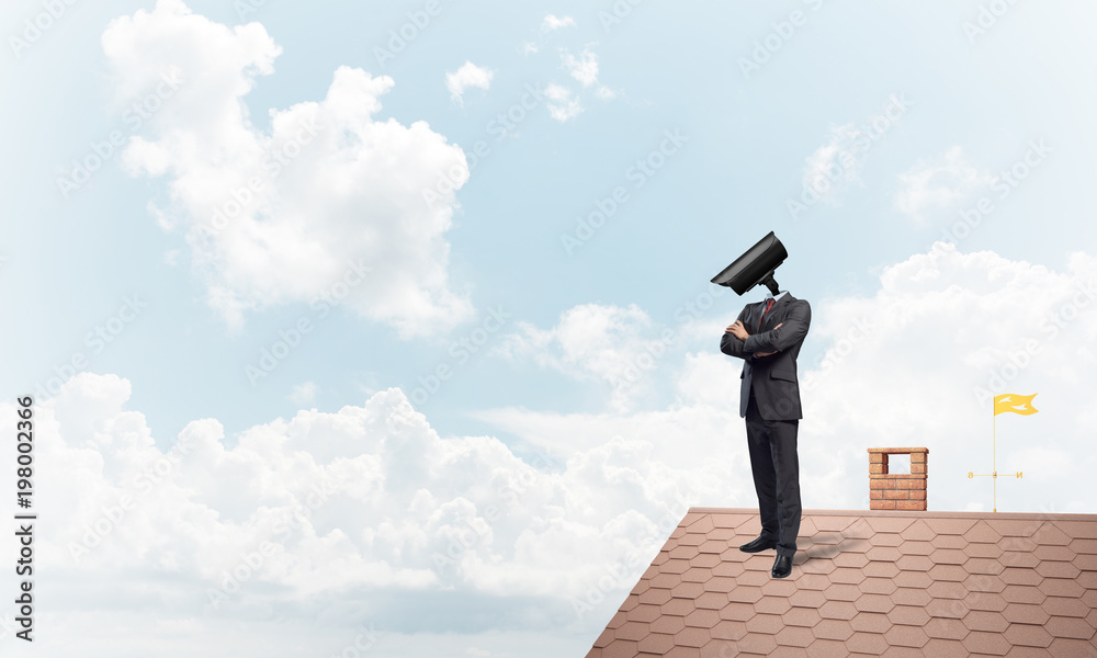Concept of security and privacy protection with camera headed man Concept of security and privacy protection with camera headed man