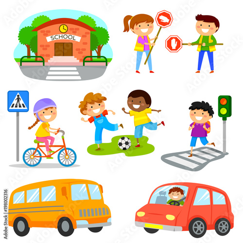 Set of cute cartoon kids and objects related to road traffic safety