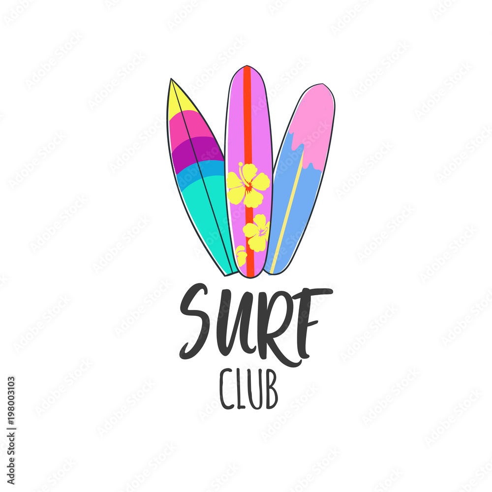 Surf club logo. Surfing print. Vector surfing hand sign. Lettering Surf club logo. Surfing print. Vector surfing hand sign. Lettering