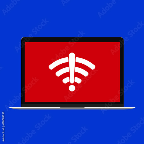 Modern device - laptop, computer or netbook pc flat design with no wifi symbol icon sign vector illustration. No keybord technology concept of bad free wireless wi-fi at home isolated blue background.