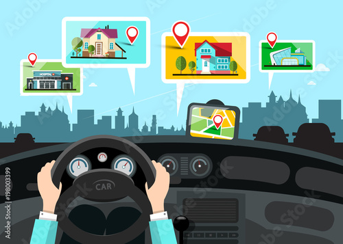Car Navigation with City Public Buildings Map - Vector