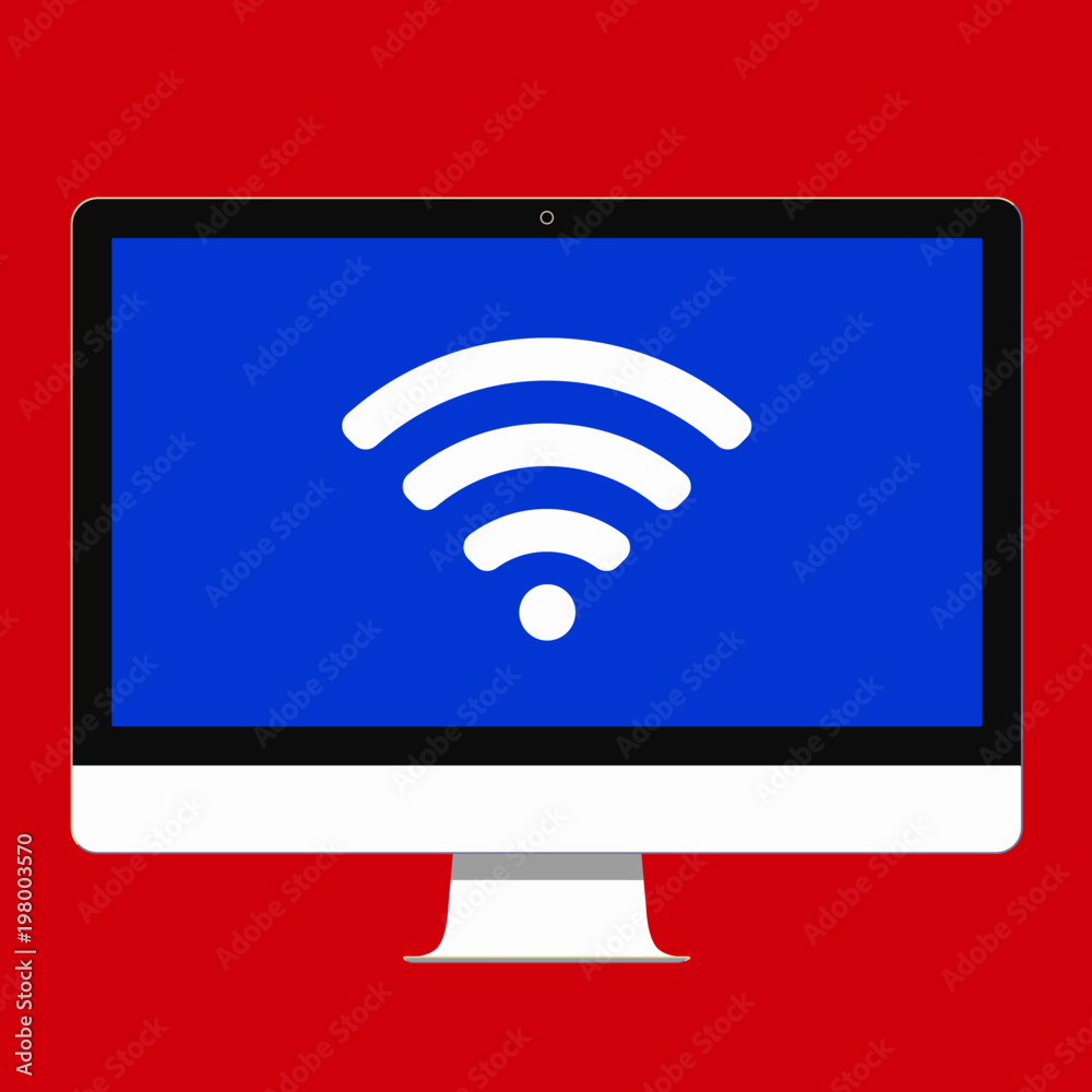 Modern electronic device - flat design monitor or All-in-one-PC vector illustration with wifi sign on the screen isolated on background. Technology concept wi-fi wireless signal to home. Flat style. Modern electronic device - flat design monitor or All-in-one-PC vector illustration with wifi sign on the screen isolated on background. Technology concept wi-fi wireless signal to home. Flat style.
