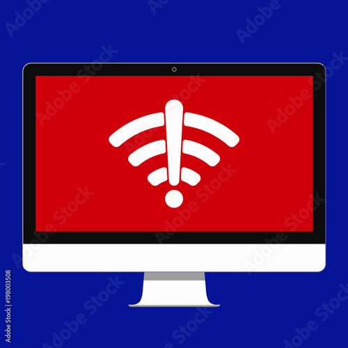 Modern electronic device - flat design monitor or All-in-one-PC vector illustration no wifi sign on the screen isolated on background.  Technology concept bad wi-fi wireless signal to home. Flat style
