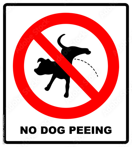 Warning forbidden sign no dog peeing. Vector illustration isolated on white. Red prohibition symbol for public places. No pissing dog icon